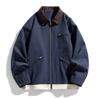 Men Fashion Casual Autumn Contrast Color Lapel Long-Sleeve Zipper Loose Jacket