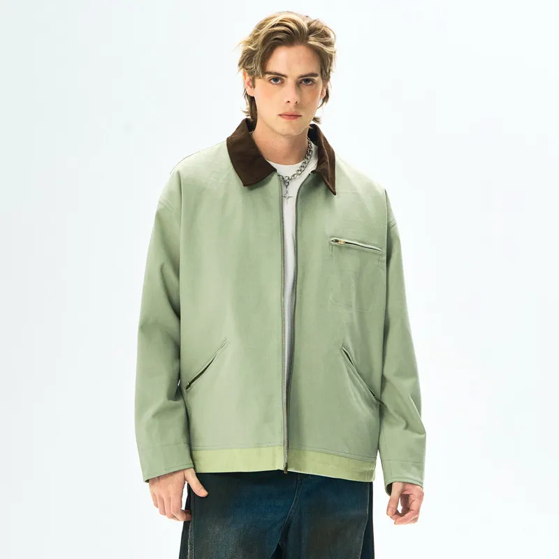 Men Fashion Casual Autumn Contrast Color Lapel Long-Sleeve Zipper Loose Jacket