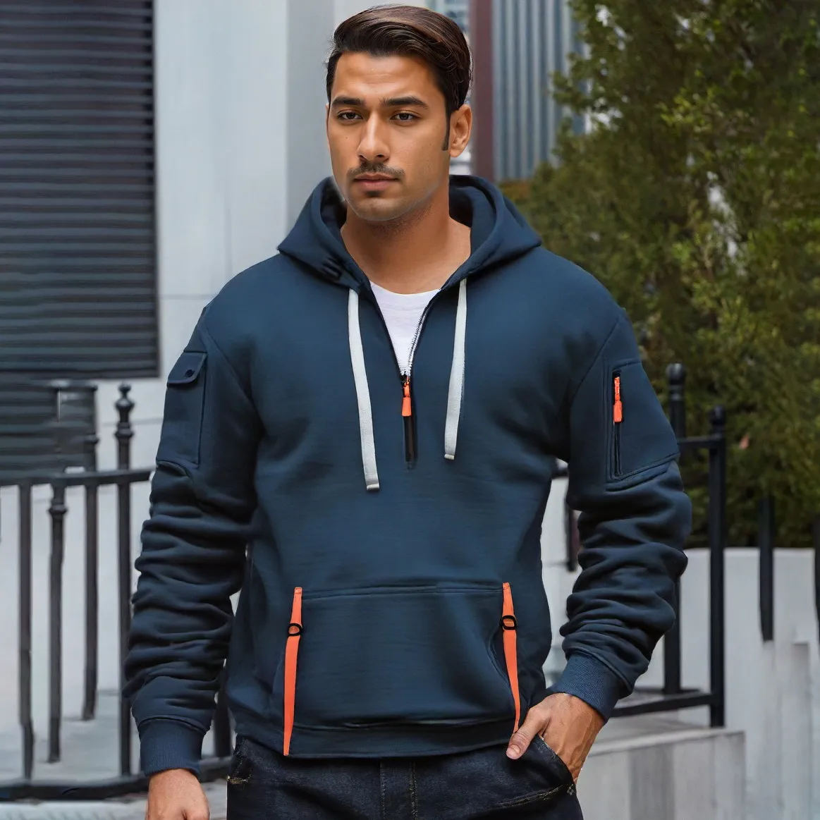 Men's Street Tide Fleece-Lined Multi-Pocket Long Sleeve Zipper Hoodie