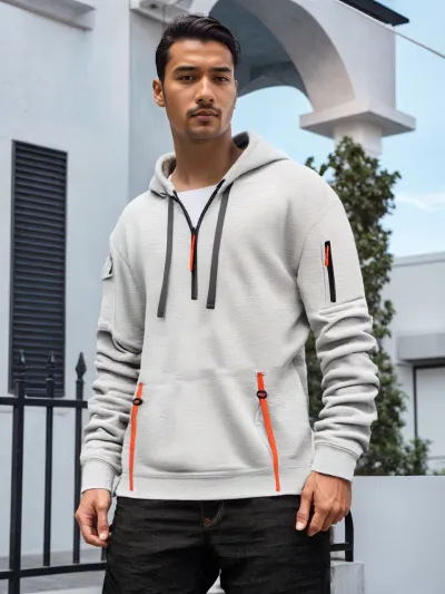 Men's Street Tide Fleece-Lined Multi-Pocket Long Sleeve Zipper Hoodie