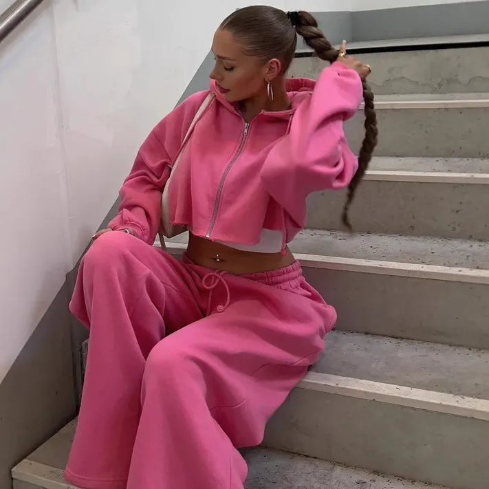 Women's Athleisure Street Style Solid Color Long Sleeve Hoodie and Loose Pants Two-Piece Set
