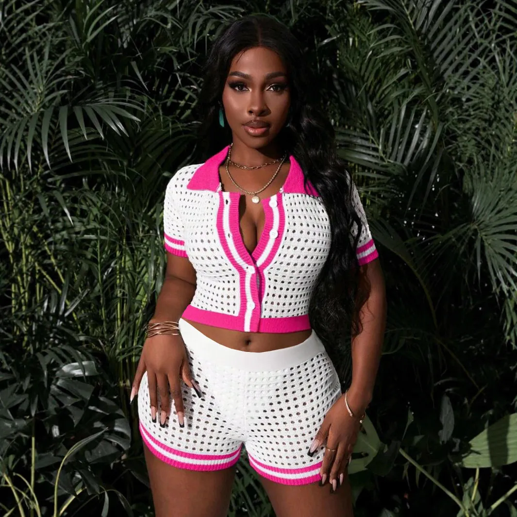 Women Fashion Sexy Color Block Knitted Hollow-Out Lapel Short-Sleeve Crop Top Tight Shorts Two-Piece Set