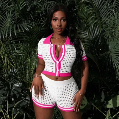 Women Fashion Sexy Color Block Knitted Hollow-Out Lapel Short-Sleeve Crop Top Tight Shorts Two-Piece Set