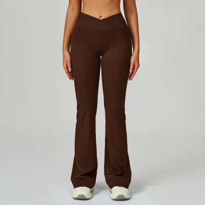 Women High Waist Flared Leggings Casual Sports Pants Solid Color