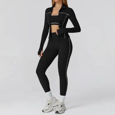Women Casual Contrast Color Tube Top Lapel Long-Sleeve Jacket Tight Pants Yoga Sports Three-Piece Set