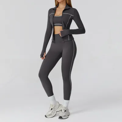 Women Casual Contrast Color Tube Top Lapel Long-Sleeve Jacket Tight Pants Yoga Sports Three-Piece Set