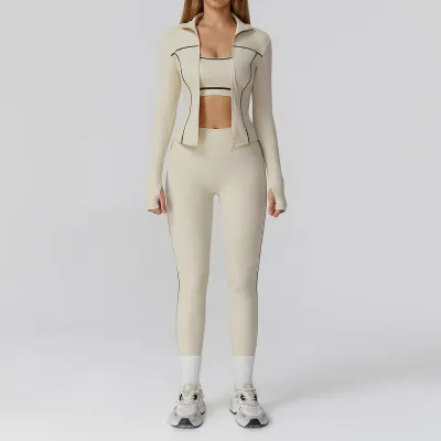 Women Casual Contrast Color Tube Top Lapel Long-Sleeve Jacket Tight Pants Yoga Sports Three-Piece Set