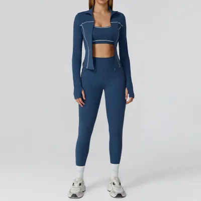 Women Casual Contrast Color Tube Top Lapel Long-Sleeve Jacket Tight Pants Yoga Sports Three-Piece Set