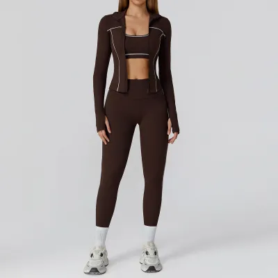 Women Casual Contrast Color Tube Top Lapel Long-Sleeve Jacket Tight Pants Yoga Sports Three-Piece Set