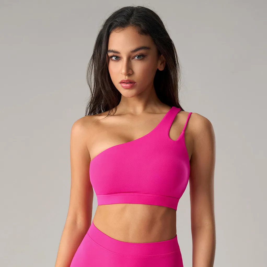 Women Sexy Solid Color Irregular Oblique Shoulder Yoga Sports Bra