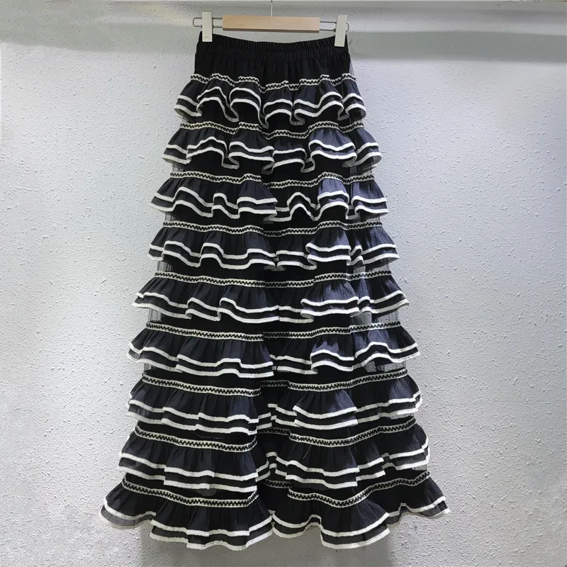 Women Fashion Elegant Color Block Mesh Ruffled Cake Skirt