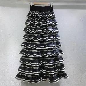 Women Fashion Elegant Color Block Mesh Ruffled Cake Skirt