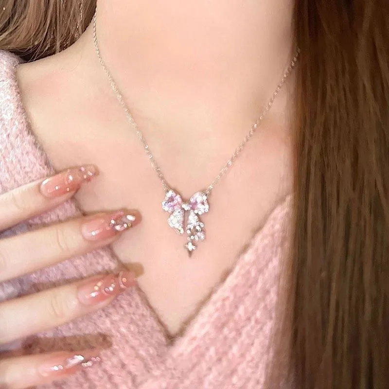 Women Fashion Pink Rhinestone Bowknot Necklace