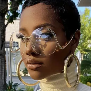Women Fashion Creative Big Hooked Frame Sunglasses Metal PC Lens Street Hip-Hop Ins
