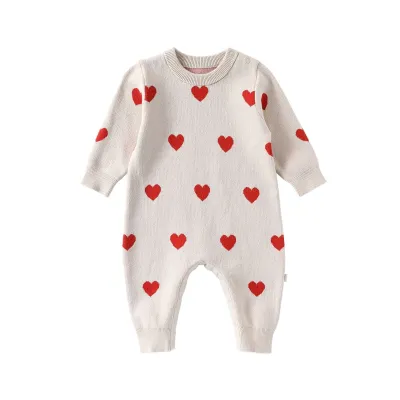 Kids Baby Girls Clothing Autumn Strawberry Love Knitted Long-Sleeve Jumpsuit Pullover