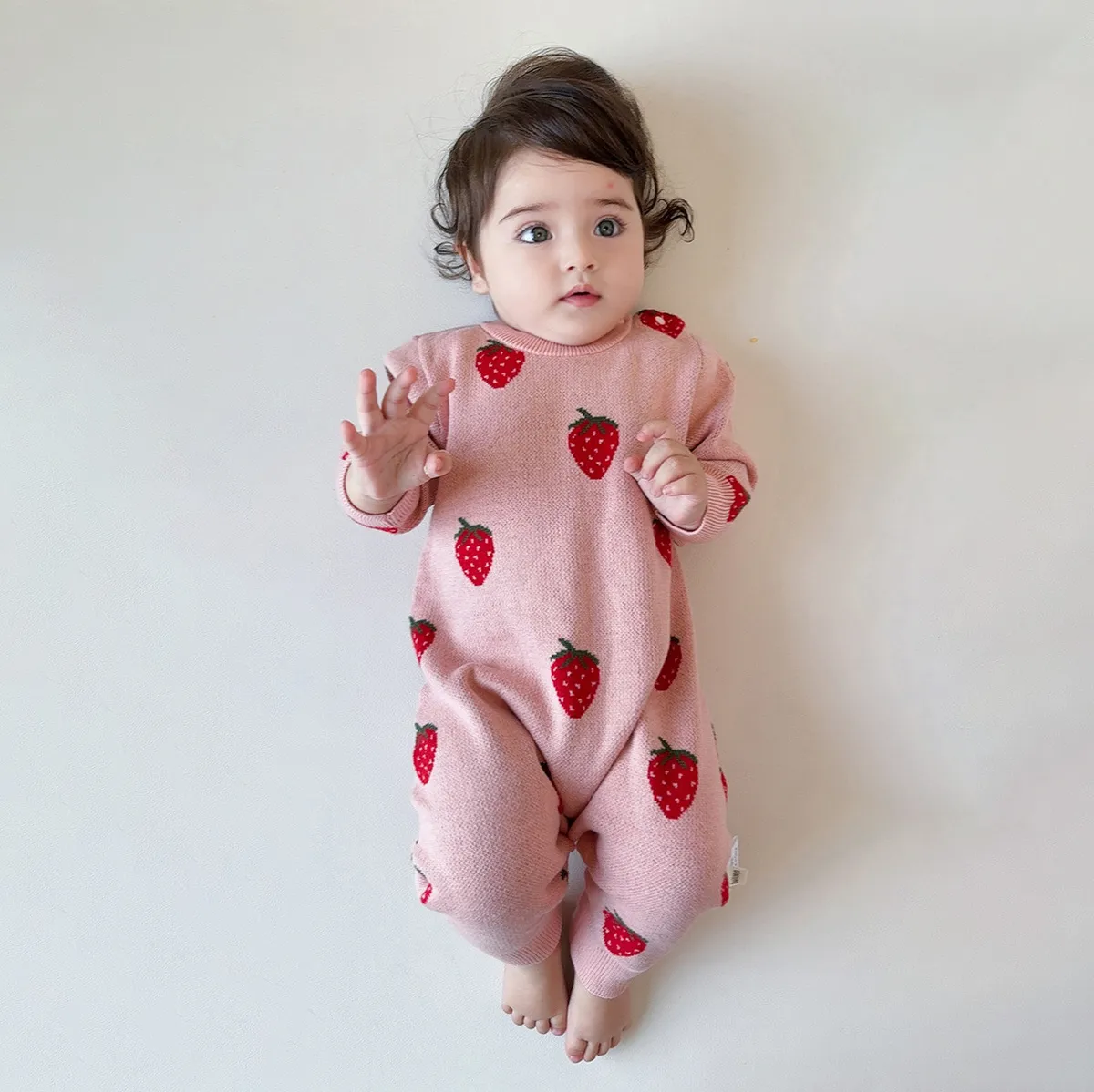 Kids Baby Girls Clothing Autumn Strawberry Love Knitted Long-Sleeve Jumpsuit Pullover