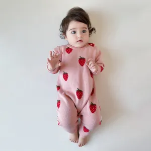 Kids Baby Girls Clothing Autumn Strawberry Love Knitted Long-Sleeve Jumpsuit Pullover