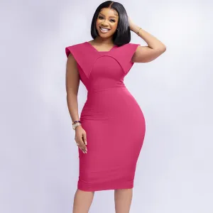 Women Fashion Sexy Solid Color Square Collar Sleeveless Zipper Split Midi Dress
