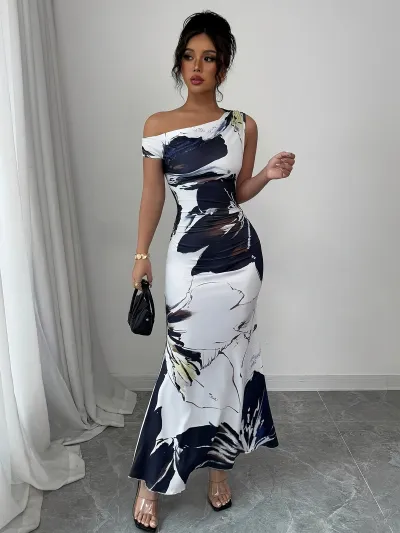 Women Fashion Sexy Floral Printed Slanted Shoulder Sleeveless Tight Maxi Dress