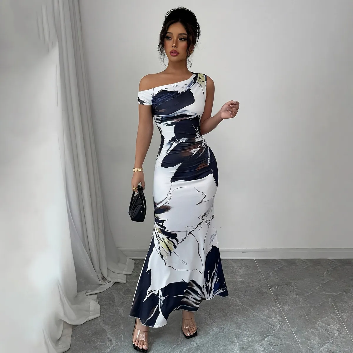 Women Fashion Sexy Floral Printed Slanted Shoulder Sleeveless Tight Maxi Dress