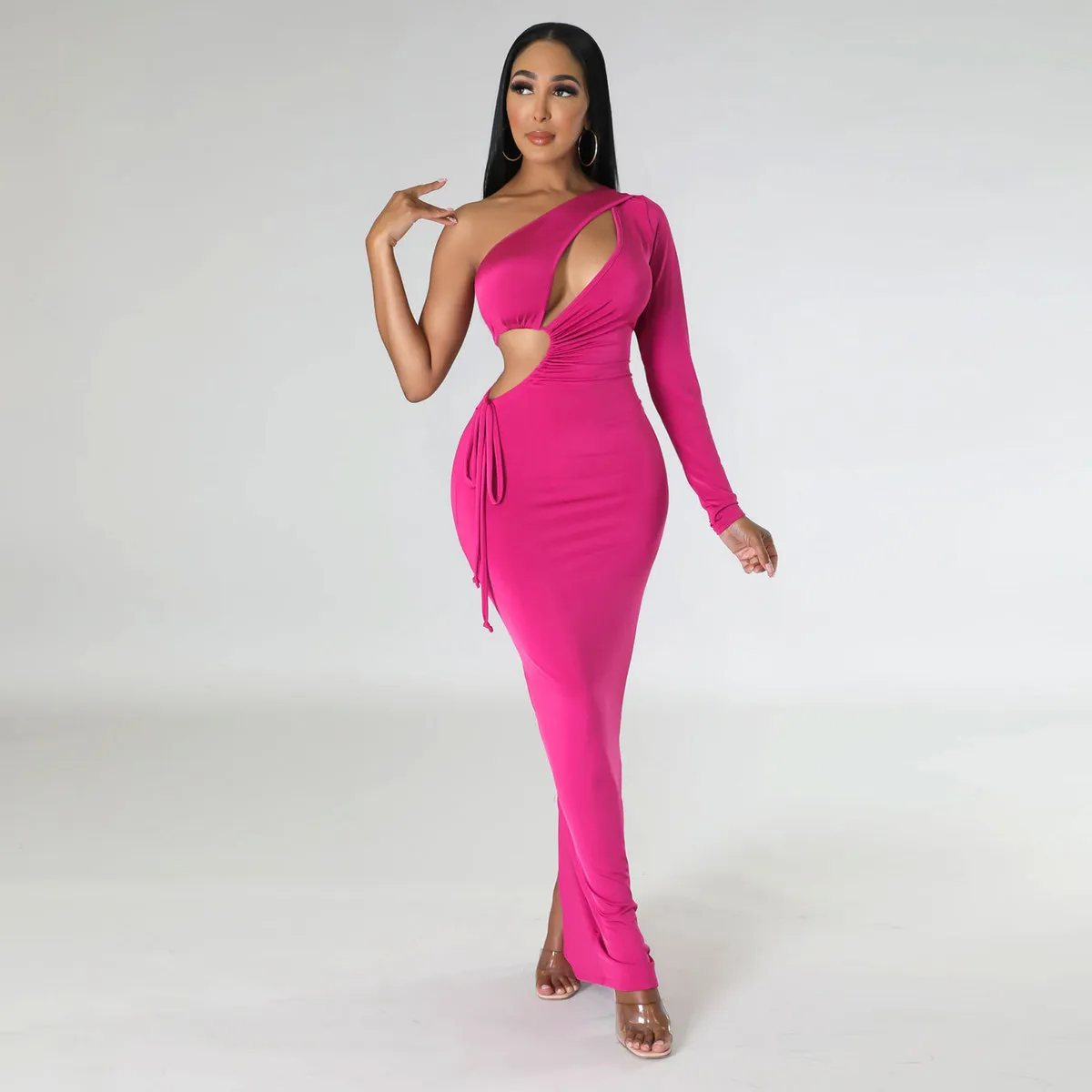 Women Fashion Sexy Solid Color Hollow-Out Slanted Shoulder Long Sleeve Tight Dress