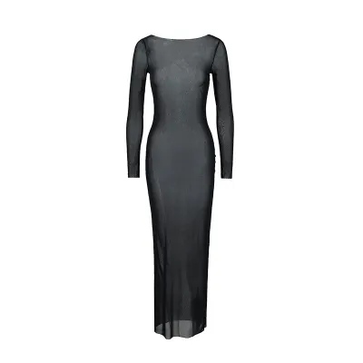 Women Sexy Mesh Perspective Long Sleeve Slim-Fit Maxi Dress