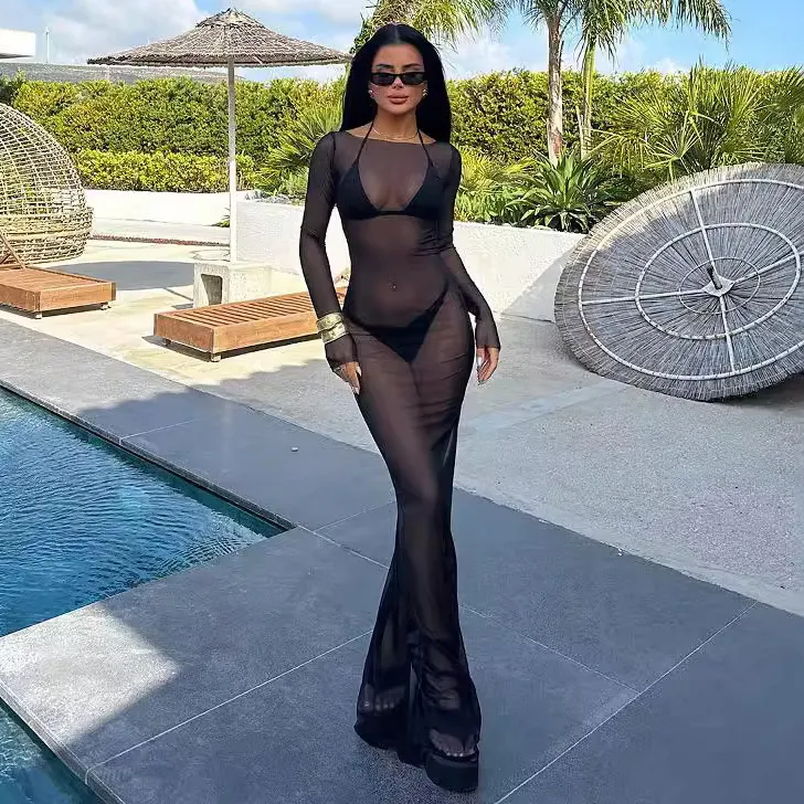 Women Sexy Mesh Perspective Long Sleeve Slim-Fit Maxi Dress