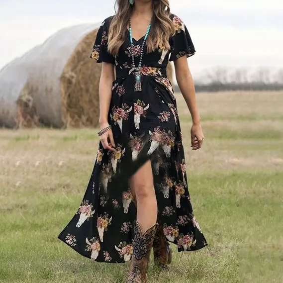 Women Fashion Casual Western Printed V-Neck Short-Sleeve Loose Dress