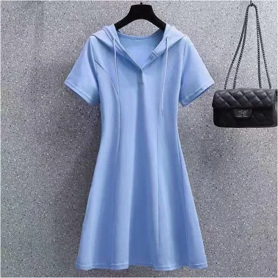 Women Casual Solid Color V-Neck Short-Sleeve Loose Hooded Pullover Dress