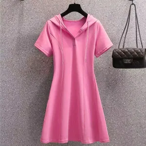 Women Casual Solid Color V-Neck Short-Sleeve Loose Hooded Pullover Dress