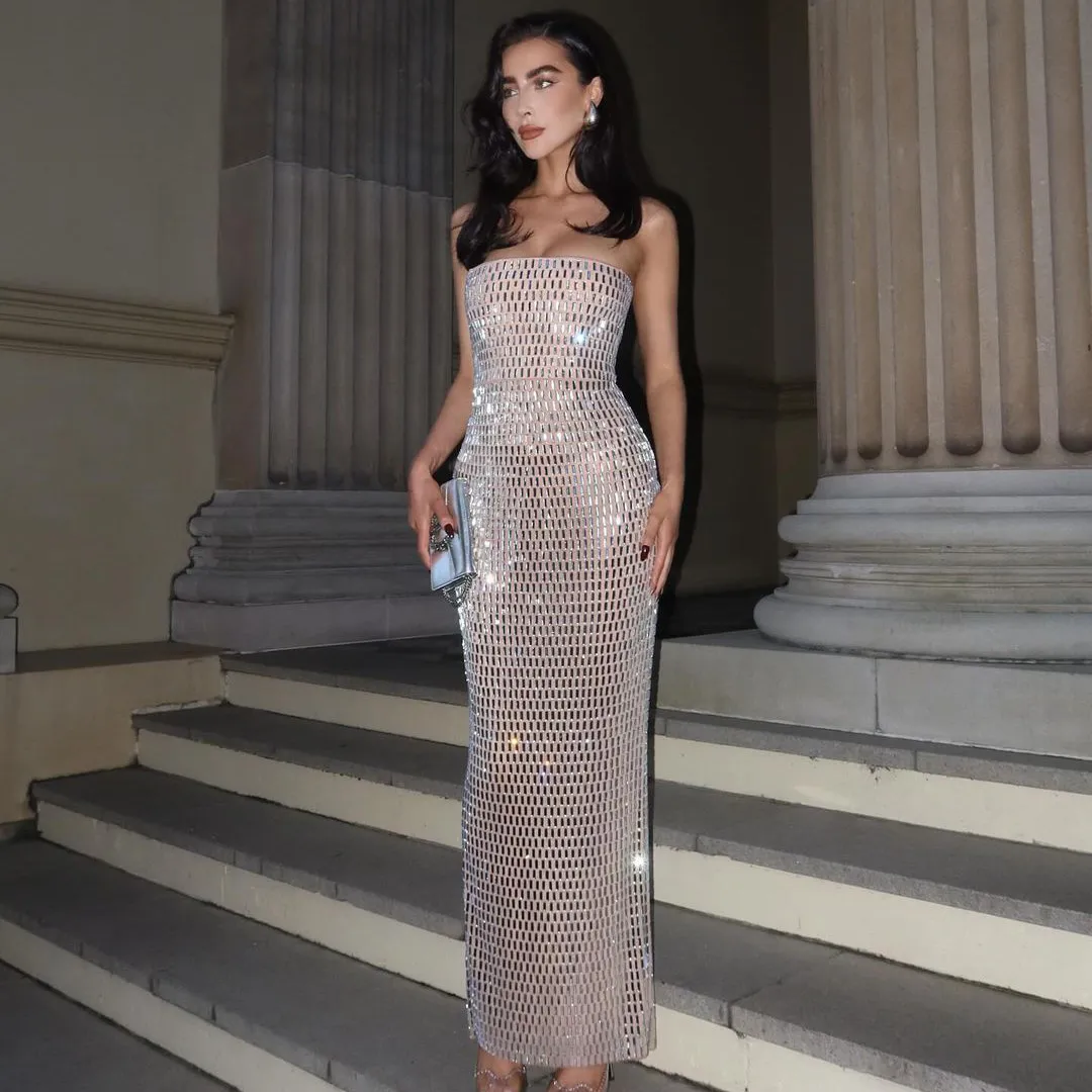 Women Sexy Solid Color Rhinestone Tube Top Slim Fit Party Dress
