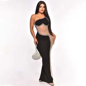 Women Sexy Mesh Splicing Perspective Rhinestone Slanted Shoulder Slim Fit Party Dress
