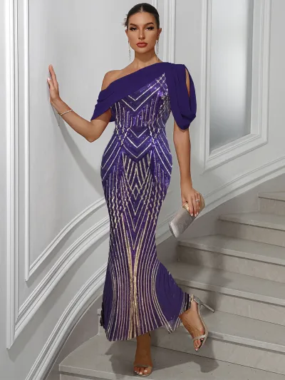 Women Elegant Chiffon Sequin Slanted Shoulder Slim Fit Party Dress