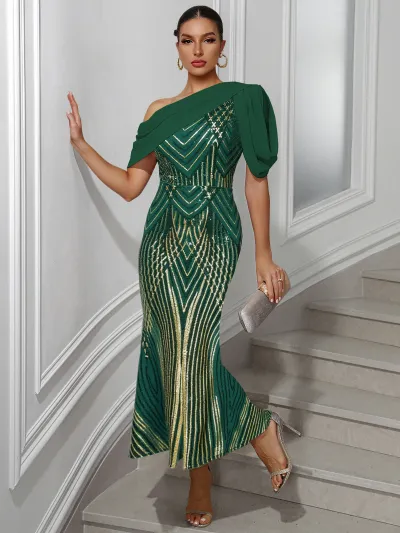 Women Elegant Chiffon Sequin Slanted Shoulder Slim Fit Party Dress