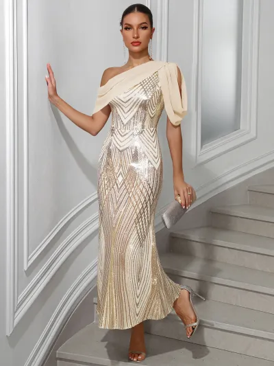 Women Elegant Chiffon Sequin Slanted Shoulder Slim Fit Party Dress