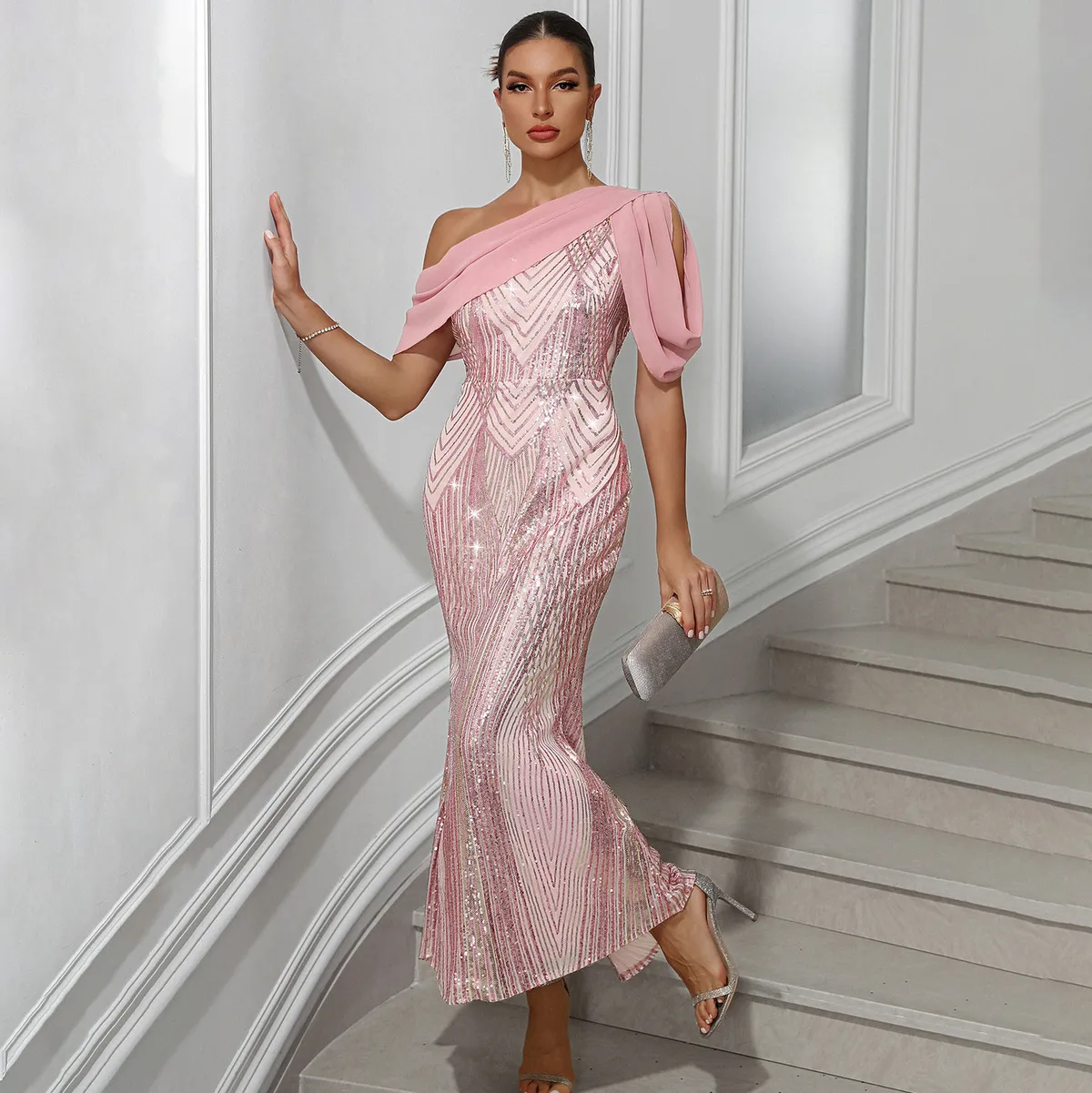 Women Elegant Chiffon Sequin Slanted Shoulder Slim Fit Party Dress