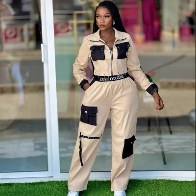 Women Fashion Multi-Pocket Zipper Top Cargo Pants Set