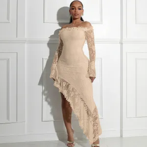 Women Off-Shoulder Lace Midi Dress Solid Color