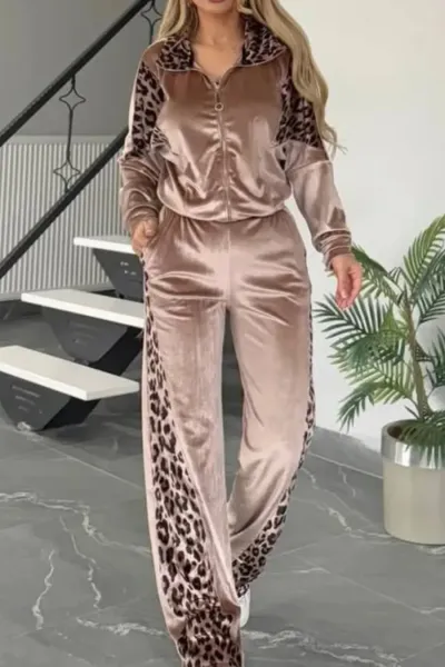 Women Autumn Winter Leopard Contrast Color Long Sleeve Zip Top Pants Set