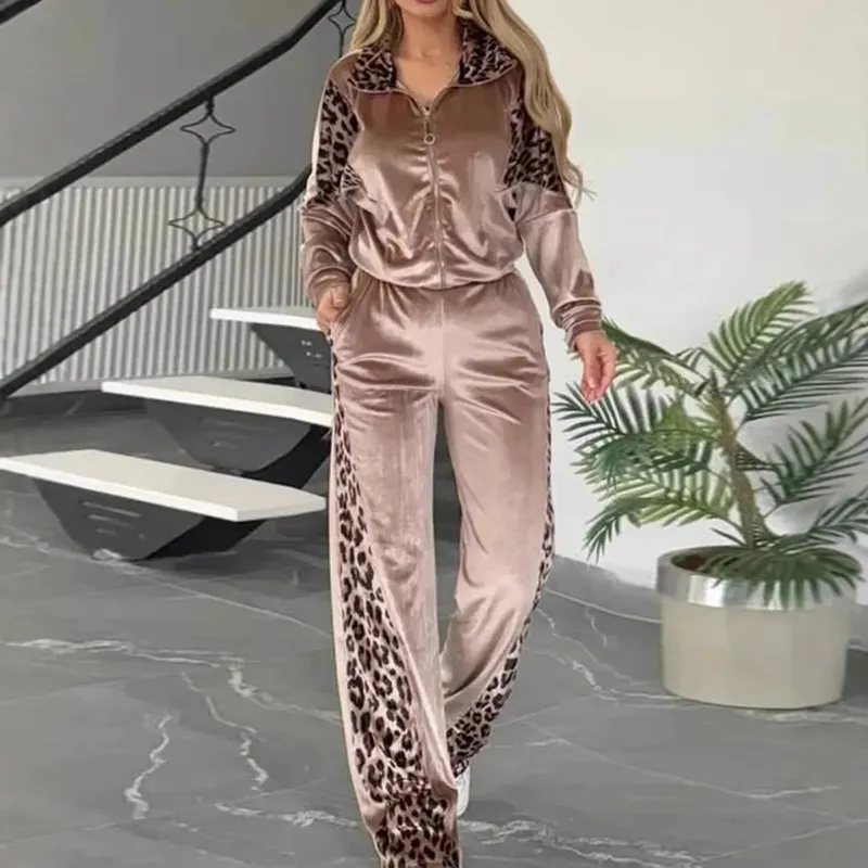 Women Autumn Winter Leopard Contrast Color Long Sleeve Zip Top Pants Set