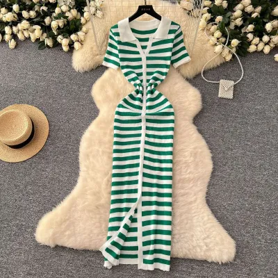 Women Contrast Lapel Single-Breasted Stripe Knitted Dress