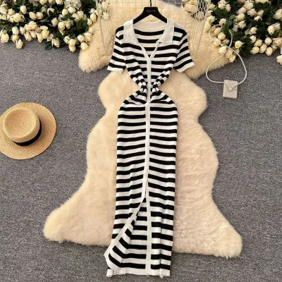 Women Contrast Lapel Single-Breasted Stripe Knitted Dress
