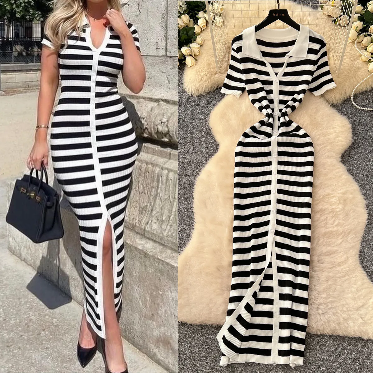 Women Contrast Lapel Single-Breasted Stripe Knitted Dress