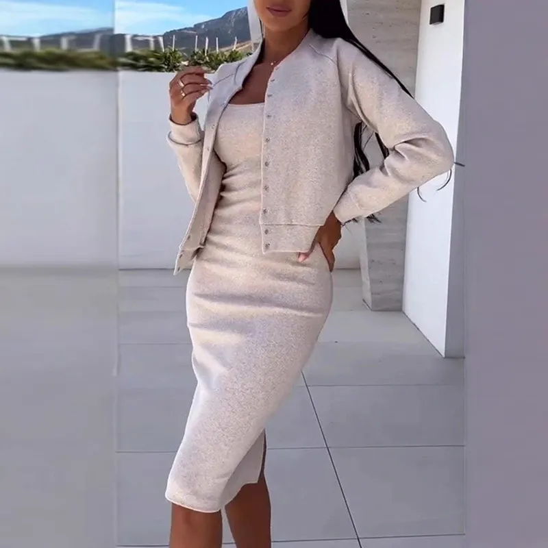 Autumn Women Solid Color Sling Dress Cardigan Jacket Skirt Set