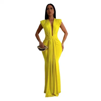 Women Solid Color Sexy Maxi Dress Sleeveless V-Neck