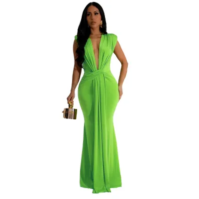Women Solid Color Sexy Maxi Dress Sleeveless V-Neck
