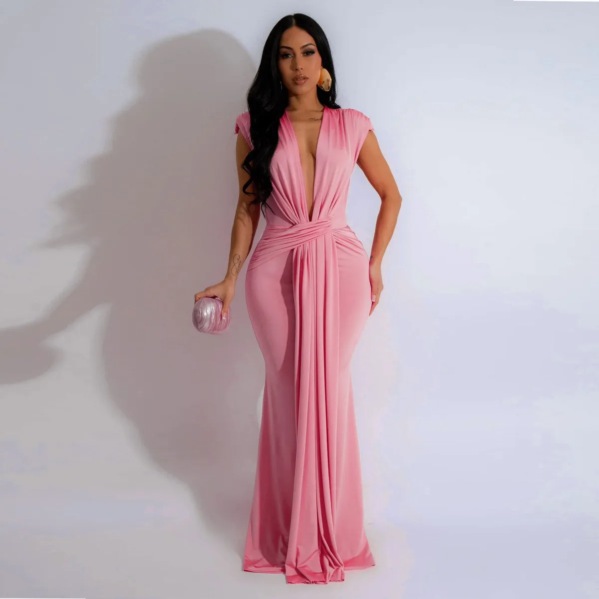 Women Solid Color Sexy Maxi Dress Sleeveless V-Neck