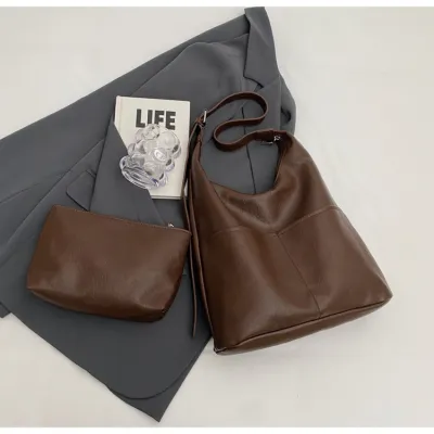 Women Solid Color PU Large Capacity Shoulder Bag Two-Piece Set with Bucket Shape