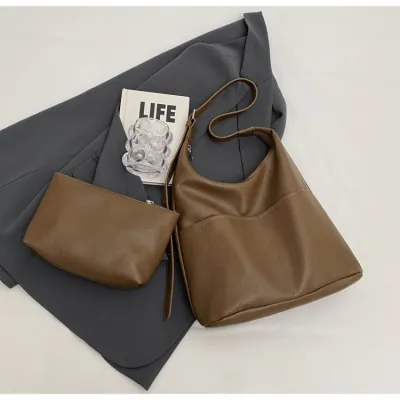 Women Solid Color PU Large Capacity Shoulder Bag Two-Piece Set with Bucket Shape