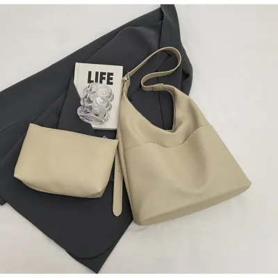 Women Solid Color PU Large Capacity Shoulder Bag Two-Piece Set with Bucket Shape
